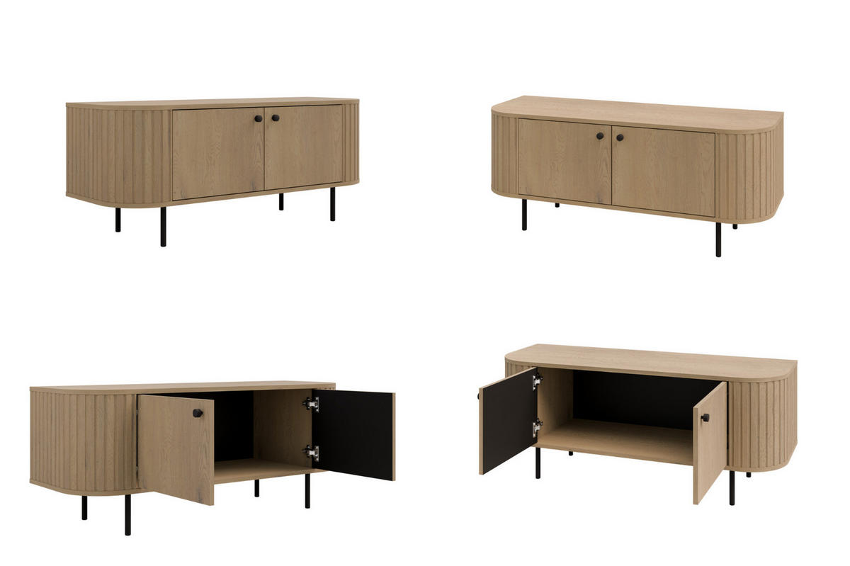 TV-SCHRANK Olivia 123 cm, mit 2 Türen, geriffeltem Design, eiche sonoma, schwarzfarbenen Metallfüßen - Sonoma Eiche, Metall (123/50/43cm) - Margaret Hadas24