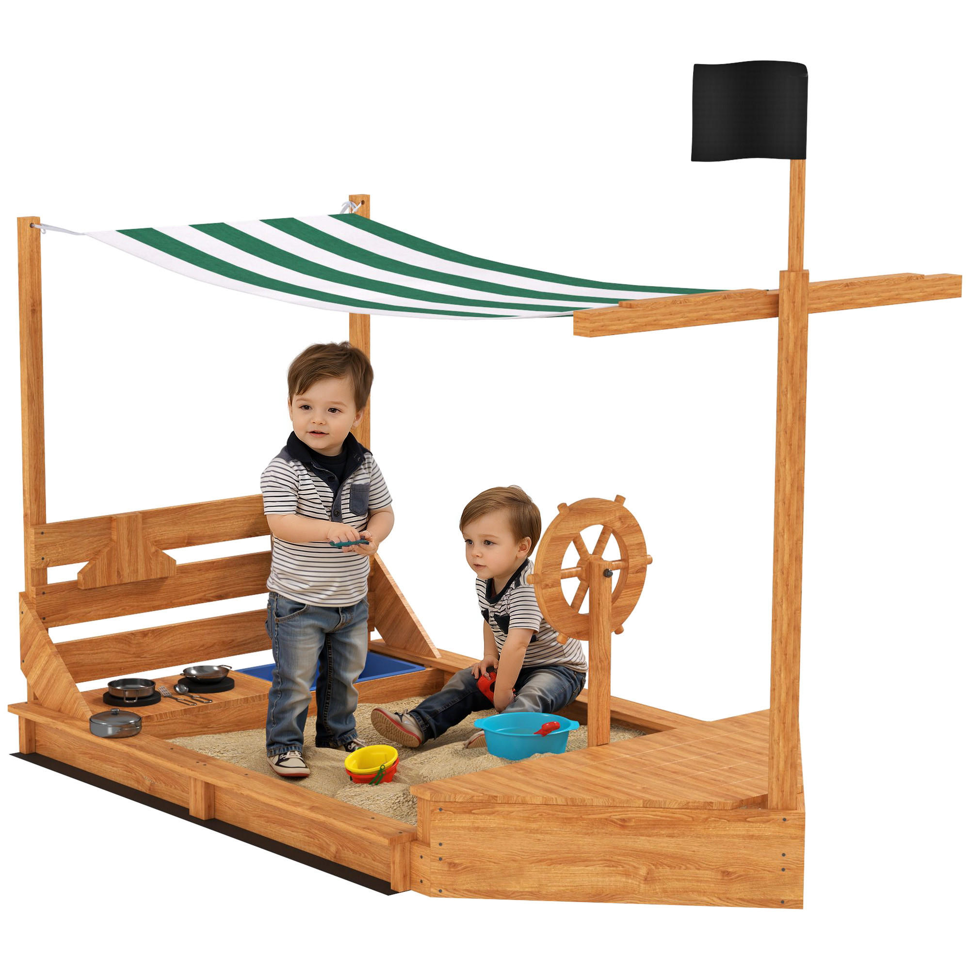 SANDKASTEN groß mit Abdeckung im Schiff Design Matschekiste aus Holz - Orange, Holz (180/103/144.5cm) - Outsunny