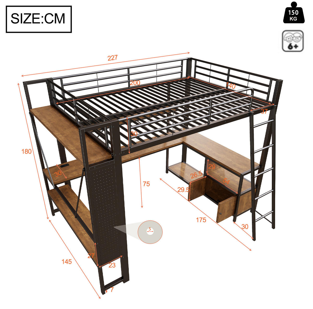 HOCHBETT 140/200 cm aus Metall mit Schreibtisch, Stauraum und LED-Beleuchtung - Schwarz, Metall (140/200cm) - Flora Grace
