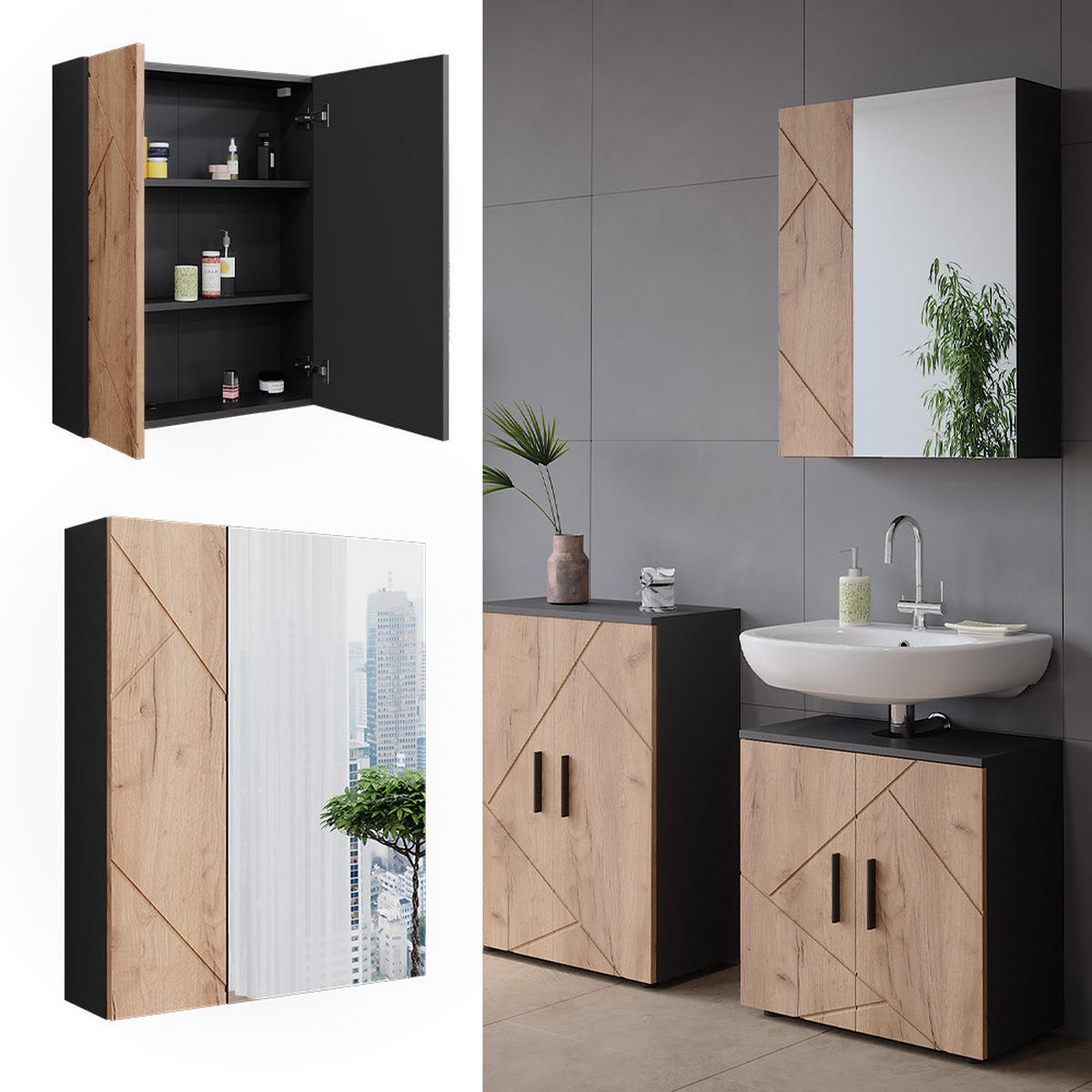 KOUPELNOVÁ ZRCADLOVÁ SKŘÍŇKA Irma Antracit/zlatý dub - medově dubová/antracitová, kompozitní dřevo (60/75/17.2cm) - Vicco