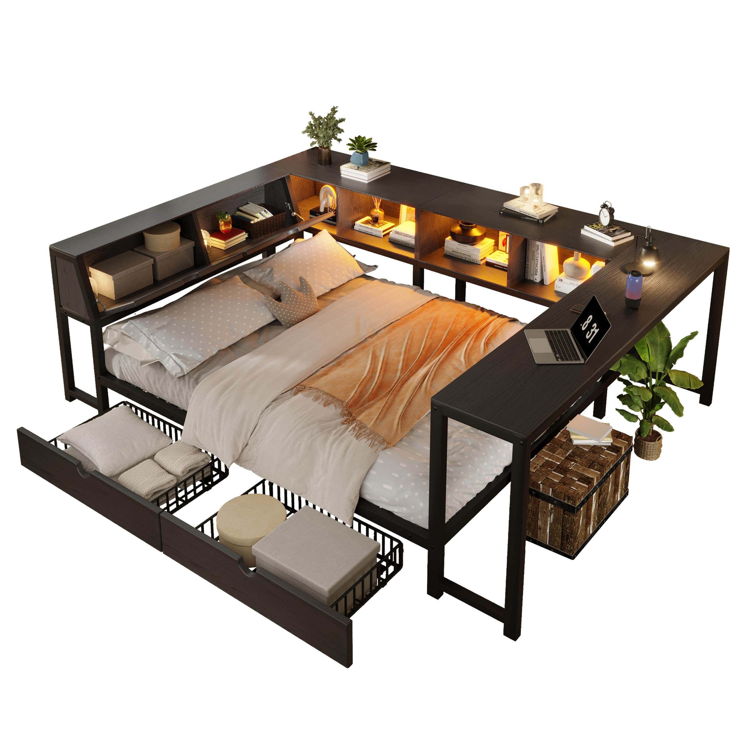 METALLBETT 140x200cm mit Stauraum-Kopfteil, Schwarz - Schwarz, Metall (140/200cm) - KOMHTOM