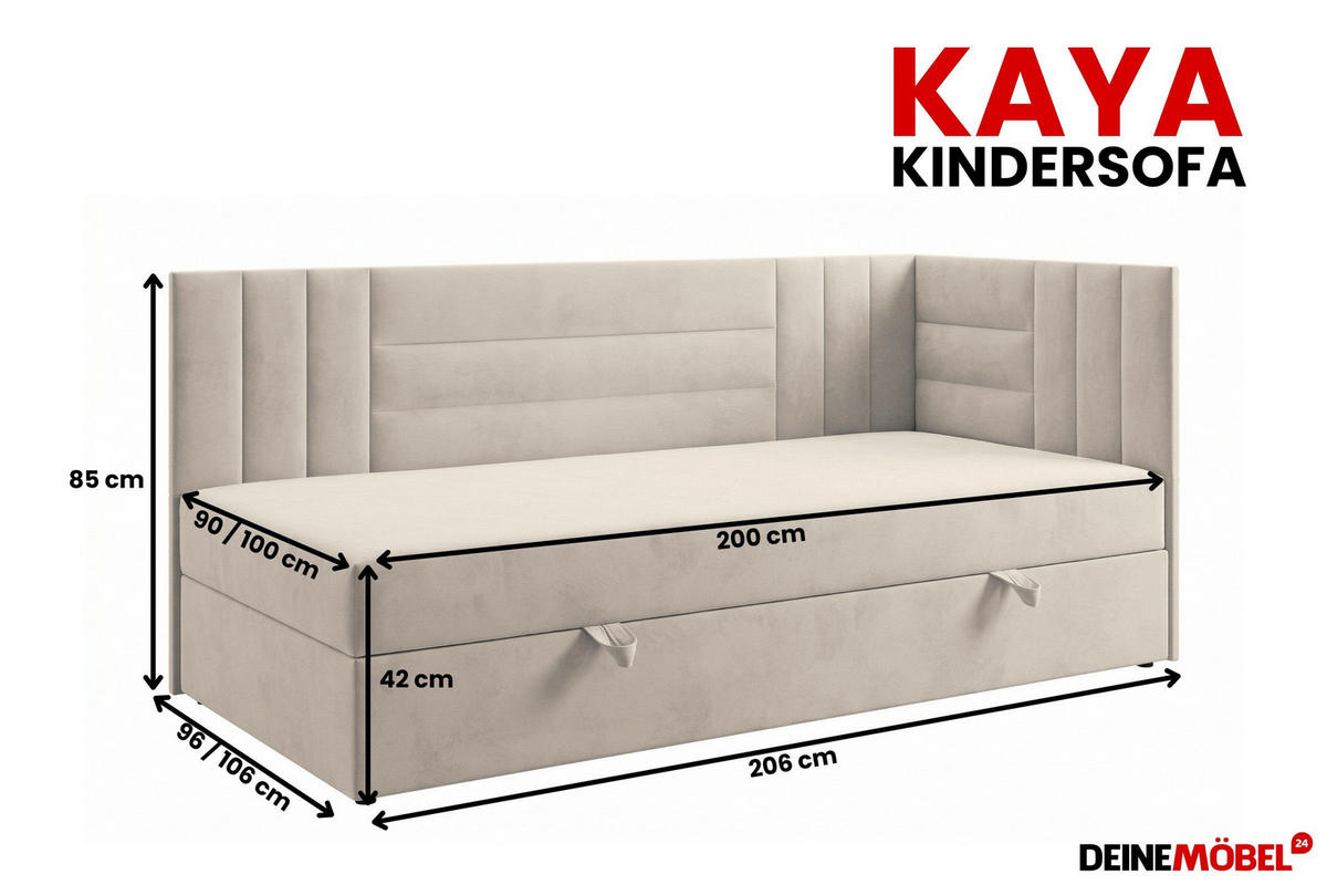 BOXBETT KAYA 90/200 in Velours Ecru H3 links - Ecru, Holz/Holzwerkstoff (90/200cm) - Deine Möbel 24