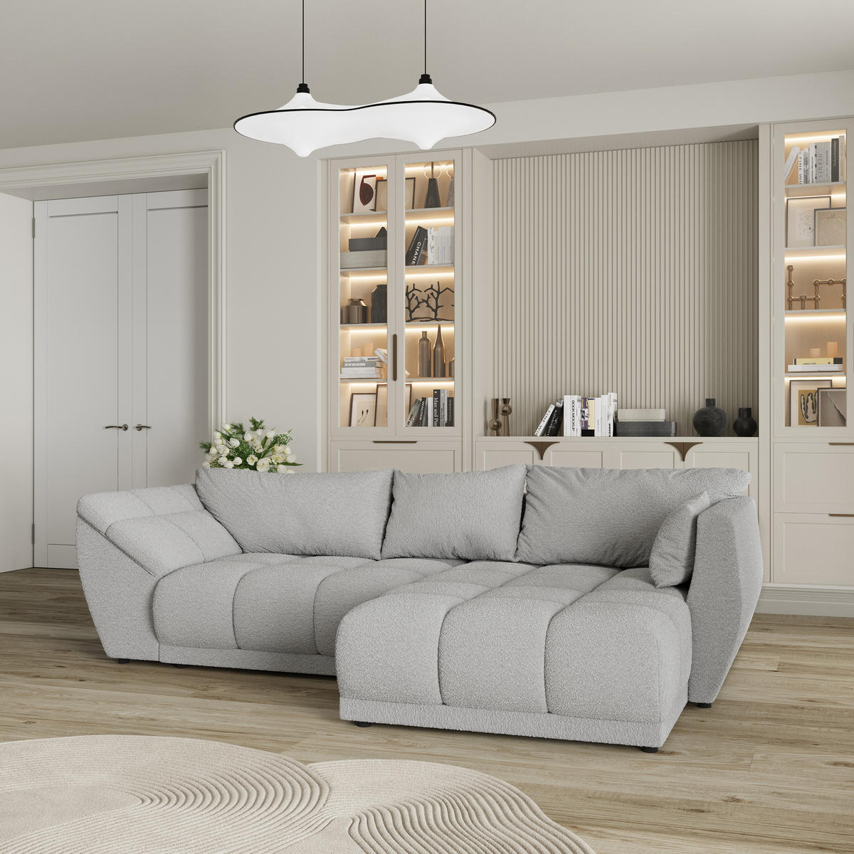 ECKSOFA ORENTI R-S Hellgrau Boucle-Stoff mit Schlaffunktion - Hellgrau, Holz (287/182cm) - MASSENO
