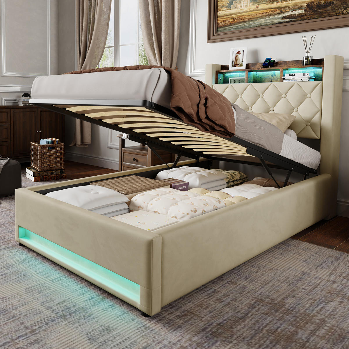 POLSTERBETT 90/200 cm mit Bettkasten und Steckdose Boxspringbett mit USB und LED-Licht Stauraumbett ohne Matratze - Beige, Holzwerkstoff/Textil (90/200cm) - STILVORA