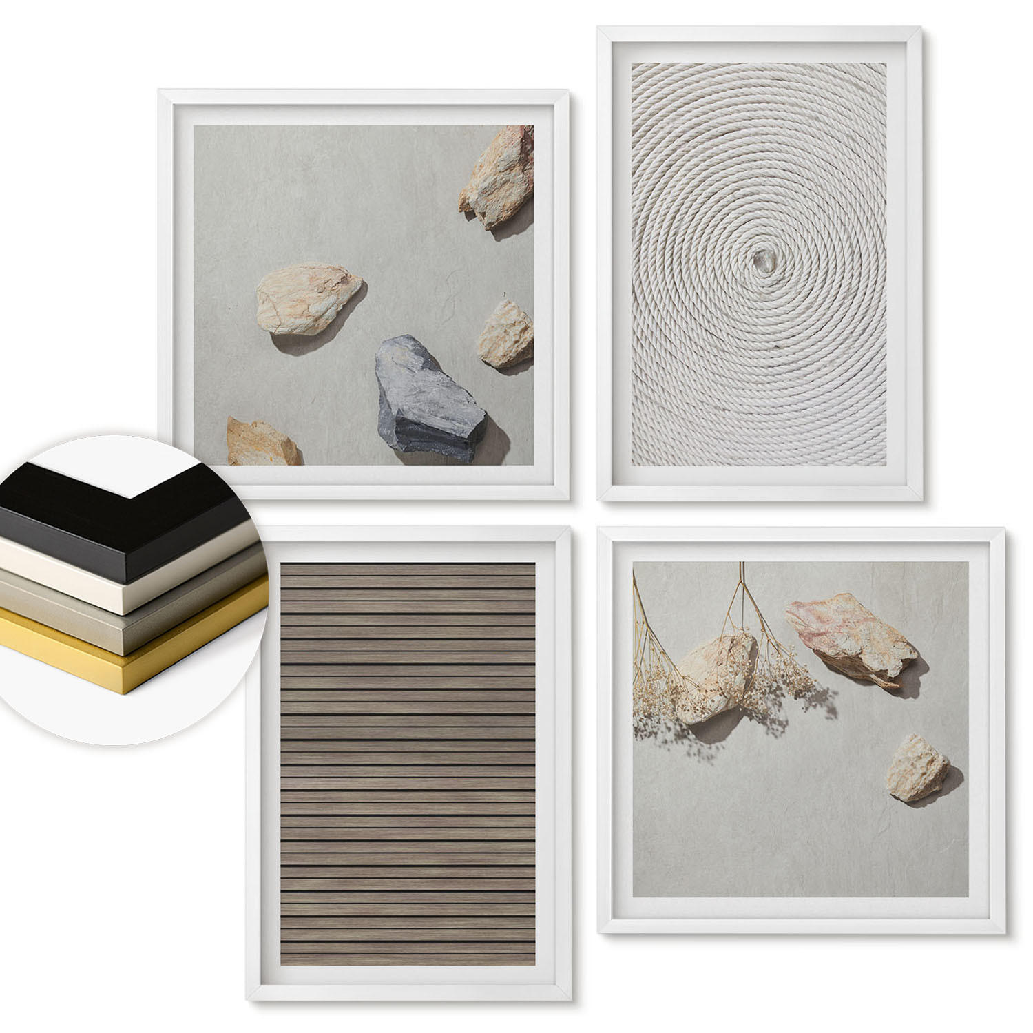 WANDBILDER 4er-Set - 50x50 cm & 40x60 cm Weißer Rahmen - Natürliche Texturen Holz Steine - Weiß, Kunststoff (50/50cm) - ArtPrintCave