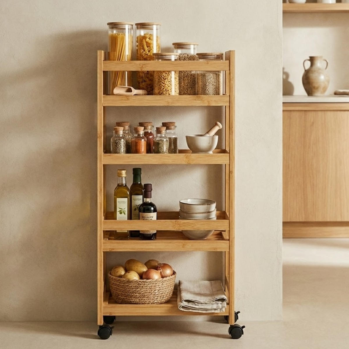 BADREGAL Kluk 76 cm Rollen 3 Ebenen - Beige, Naturmaterialien (15/76/38cm) - NUXIO