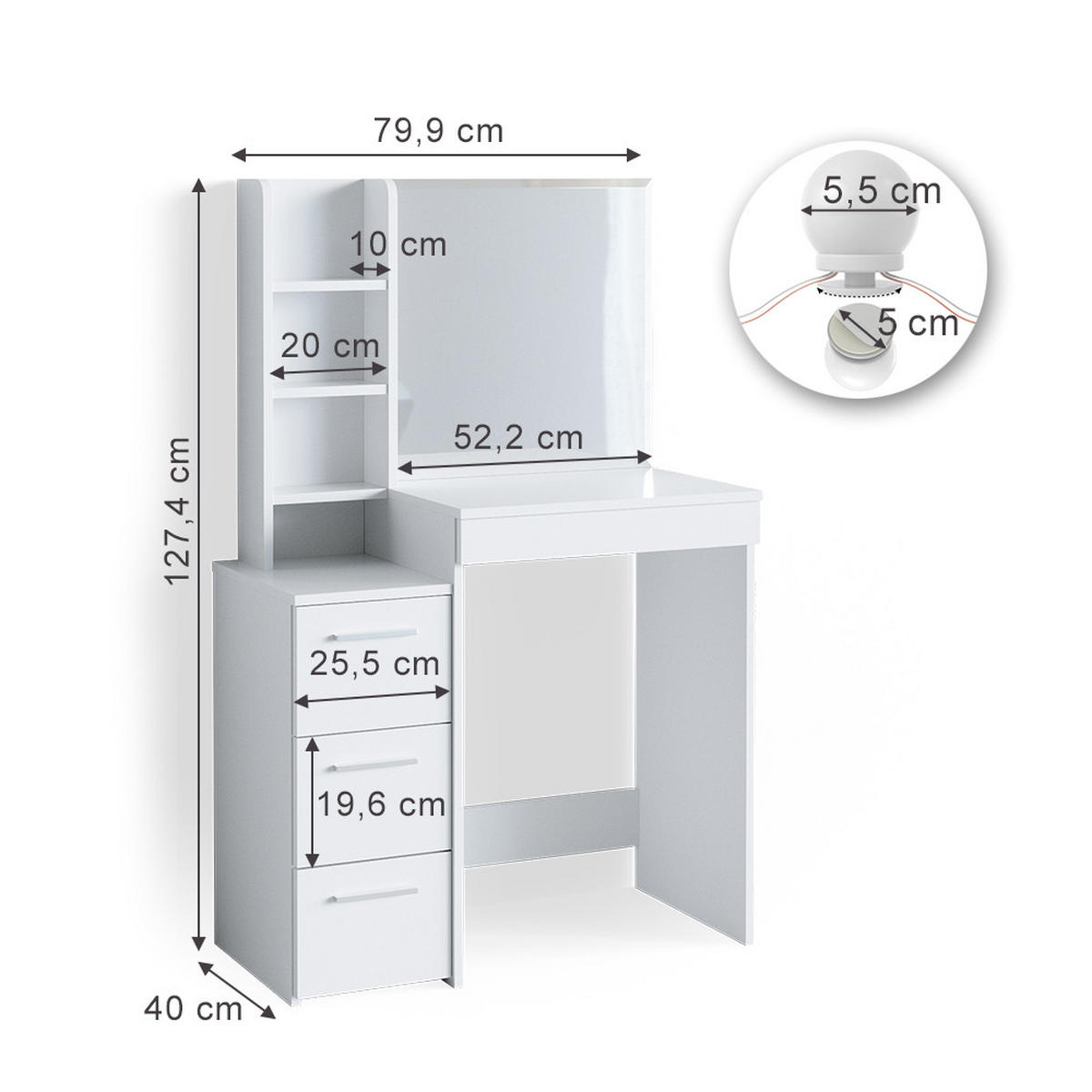 SCHMINKTISCH Meryl Weiß 79.9 cm mit LED Beleuchtung - Weiß, Holzwerkstoff (40/127.4/79.9cm) - Vicco