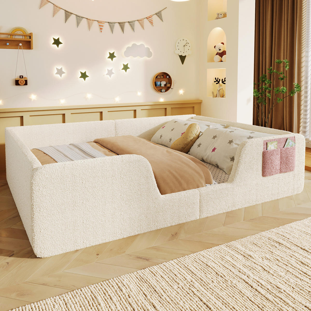 KINDERBETT 140/190 cm in Beige Samt mit abnehmbaren Seitengittern und Stofftasche - Beige, Holzwerkstoff/Textil (140/190cm) - WISHDOR