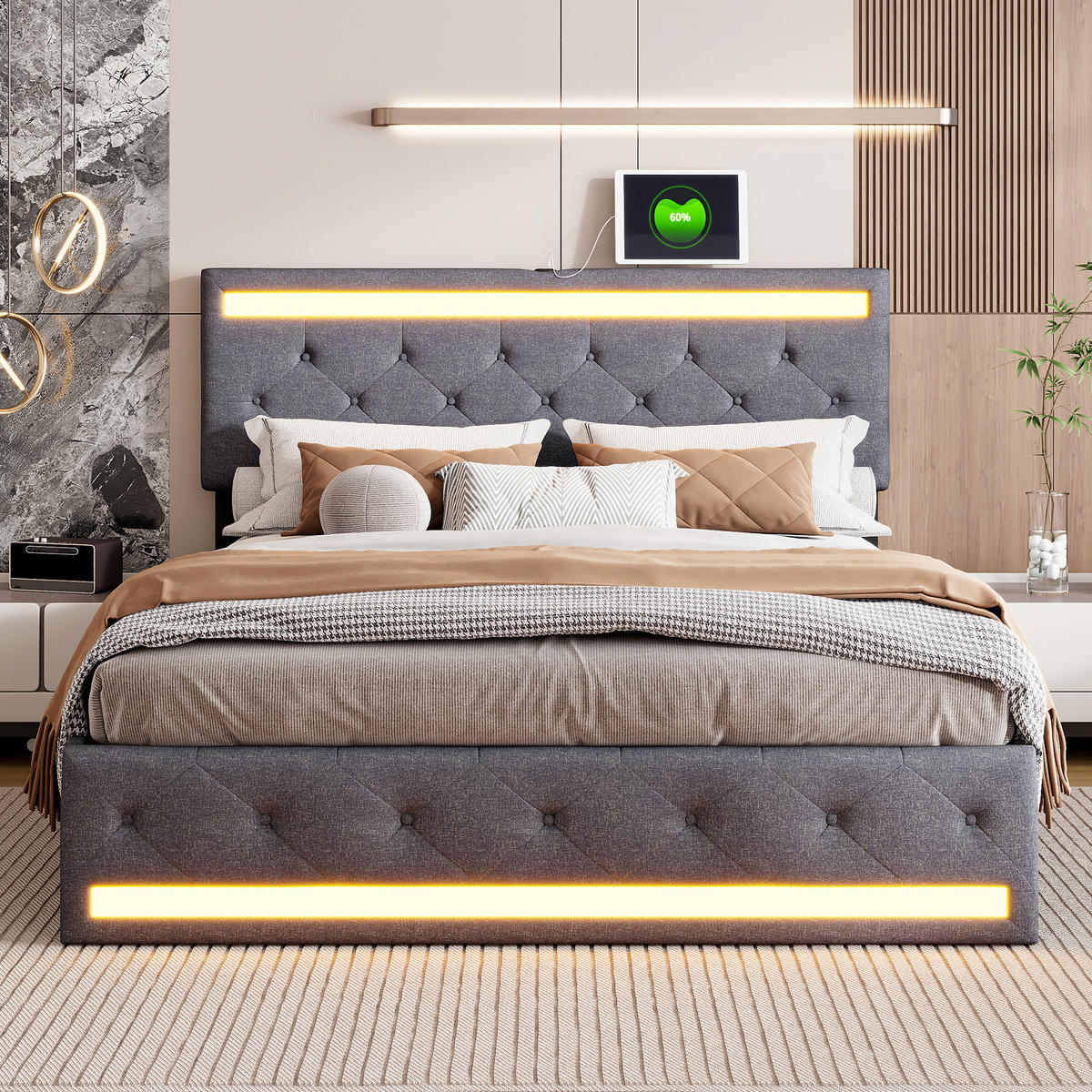 POLSTERBETT 140/190 cm, in Grau Leinenoptik Stoff, Bettkasten, Gepolstertes Kopfteil mit LED-Beleuchtung USB, 4 Metall-Stauraumschubladen - Dunkelgrau, Textil/Metall (140/190cm) - BPKADHY