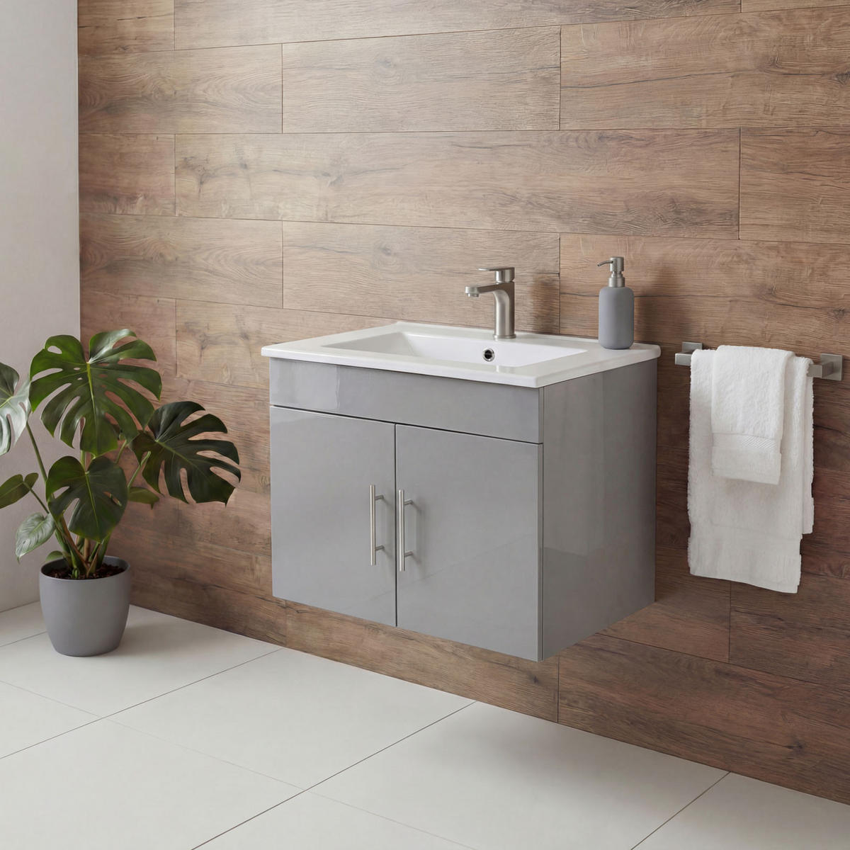 WASCHBECKEN + UNTERSCHRANK Hochglanz Hellgrau - Grau, Holzwerkstoff (61/50/48cm) - MCW