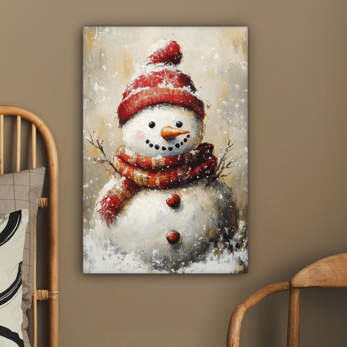 LEINWANDBILD Schneemann - Winter - Schnee - Beige 60x90 cm - Weiß, Textil (60/90cm) - MuchoWow