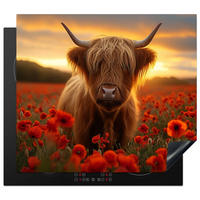 HERDABDECKPLATTE Schottische Highlander - Rosen - Blumenfeld - Sonnenuntergang Herdabdeckung Induktionsfeld 60x52 cm - Rotbraun, Kunststoff (60/52/0.2cm) - MuchoWow