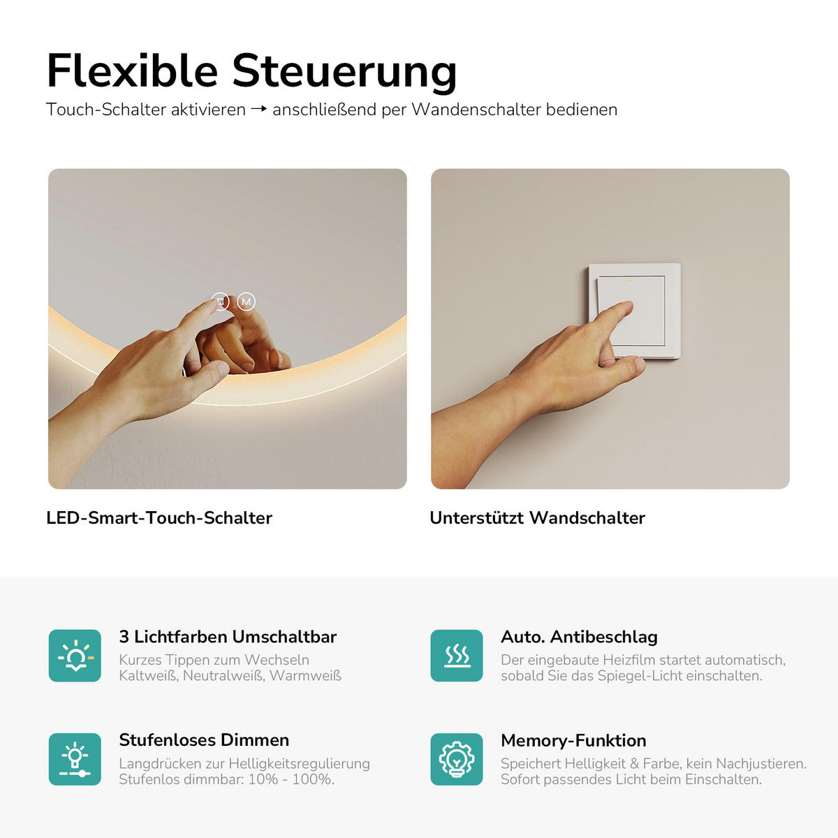 BADSPIEGEL mit Beleuchtung Frontlicht 3 Farbtemperaturen einstellbar Ø70 cm - Transparent, Glas (70/70/3.5cm) - EMKE