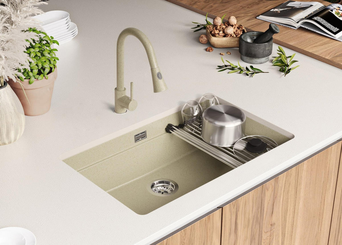 UNTERBAUSPÜLE GRANIT Praga, 2-er set Beige 76/47 cm 1 Becken + Ablauf-Set + Aufrollbare Abtropffläche ab 80er Unterschrank - Chromfarben/Beige, Kunststoff (76/20/47cm) - Primagran