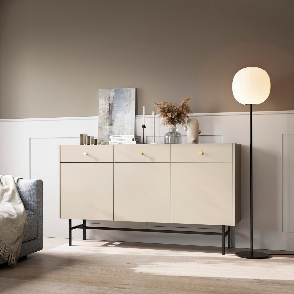 KOMMODE Dalia mit 3 Türen und 3 Schubladen, 104 cm, Kaschmir - Kaschmir/Schwarz, Holzwerkstoff/Metall (155/84/39cm) - Beautysofa