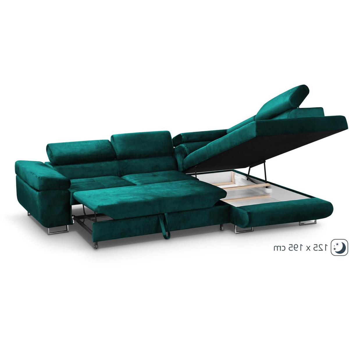 ECKSCHLAFSOFA Vild verstellbaren Kopfstützen, Dunkelgrün, rechts - Chromfarben/Dunkelgrün, Textil (275/203cm) - Beautysofa