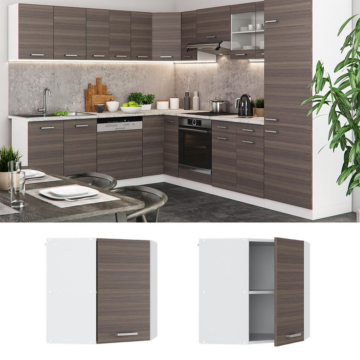 ECKHÄNGESCHRANK R-Line Grau 57 cm - Weiß/Braun, Holzwerkstoff (57/60/34.1cm) - Vicco