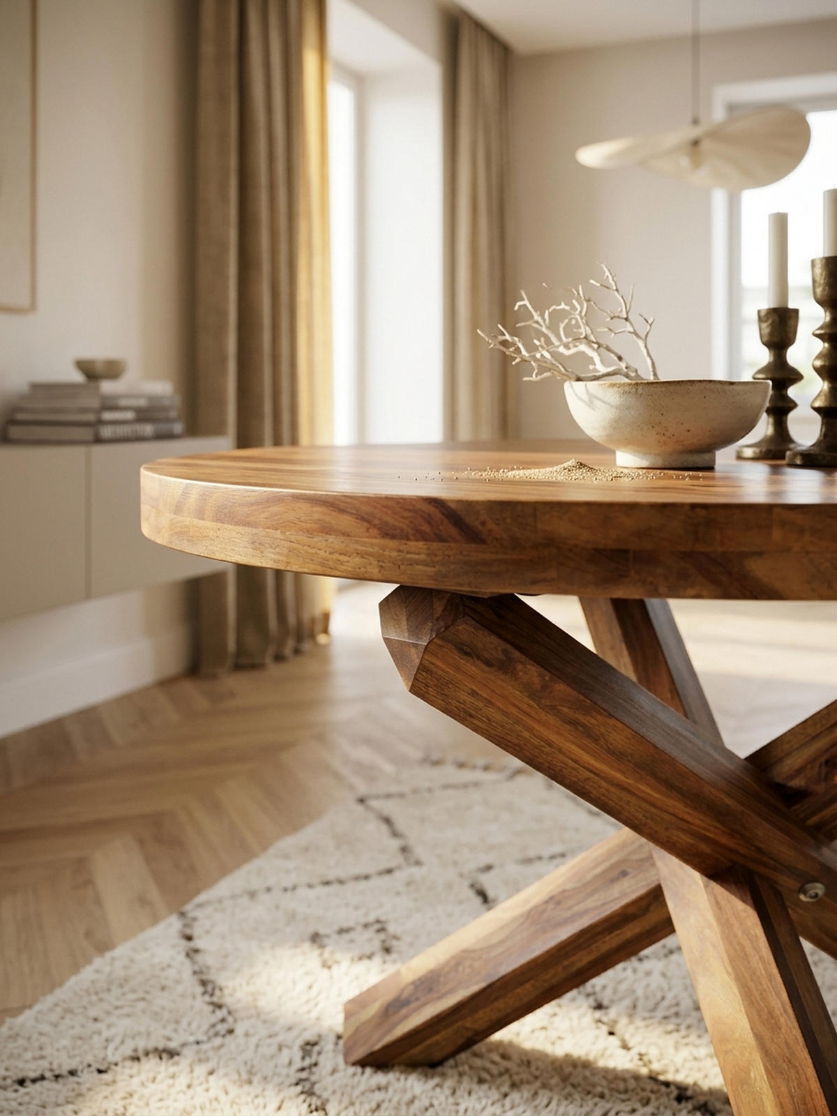 ESSTISCH Massivholz Rund Kreuzbeine Handgefertigt TEKO, Braun 120x120x75 cm - Braun, Holz (120/120/75cm) - KADIMA DESIGN