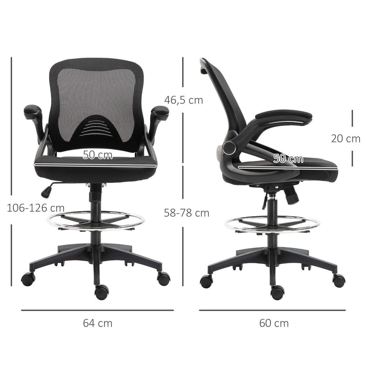 MESH Zeichenstuhl, Schwarz - Schwarz, Textil (60/126/64cm) - Vinsetto