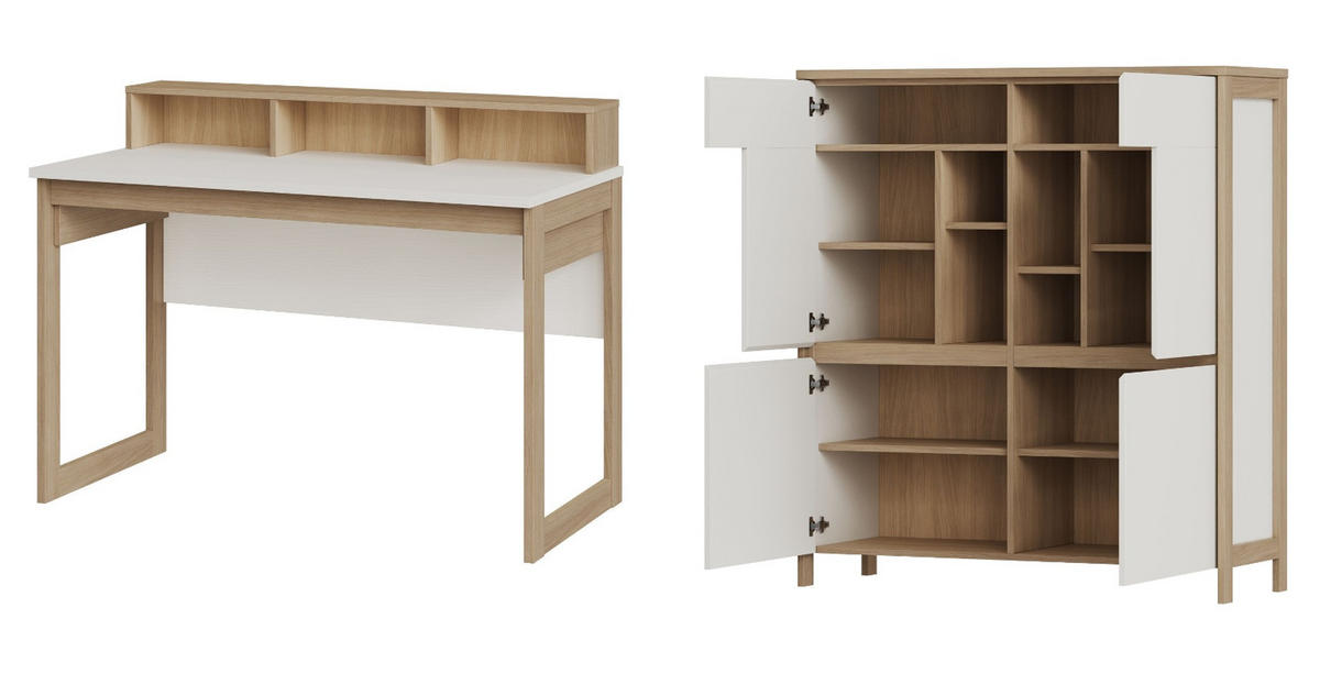 WOHNKOMBINATION weiß, Eiche, Set mit Highboard und Schreibtisch, Soft-Close, Finnes - Eichefarben/Weiß, Glas/Holzwerkstoff (246/125/60cm) - Furn.Design