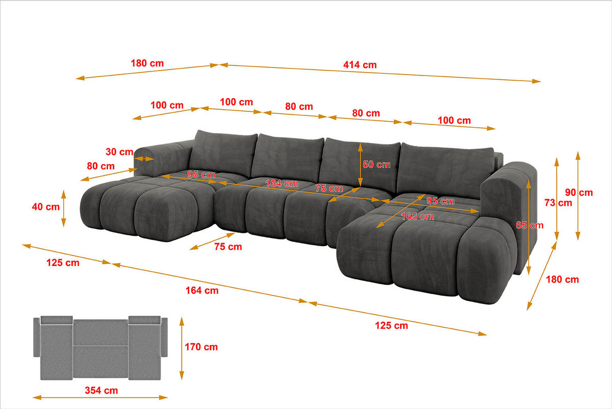 WOHNLANDSCHAFT Ottomane Links CLOUD-U 414x180x40 Dunkelgrau Velours - Dunkelgrau, Holzwerkstoff/Kunststoff (414/90/180cm) - ALTDECOR