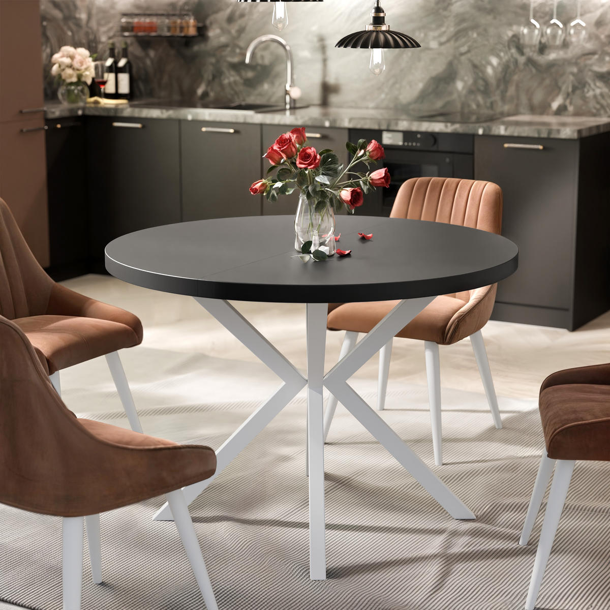 AUSZIEHTISCH MILTON 90-166/76 cm mit Metallgestell, Weiß / Schwarz Molet - Schwarz/Weiß, Holzwerkstoff/Metall (90/90/76cm) - Idohome