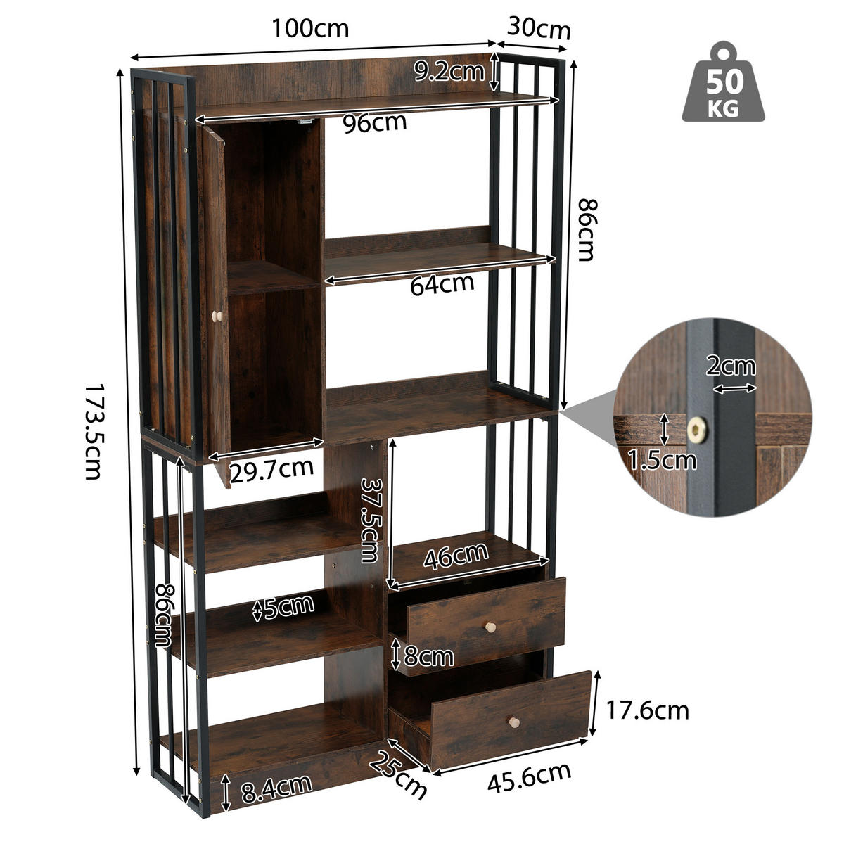 MEHRZWECKSCHRANK mit 6 Regale,Hochschrank mit Türen und Schubladen - Braun, Holzwerkstoff/Metall (100/173.5/30cm) - EVRYAE