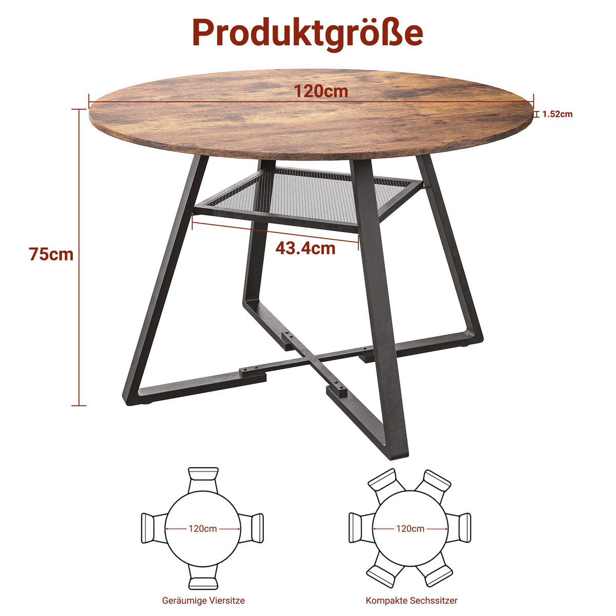 ESSTISCH Rund Ø 120 cm Industrial Design mit Ablagefach, MDF & Metall Schwarz-Braun - Braun, Metall (120/120/75cm) - DELFA