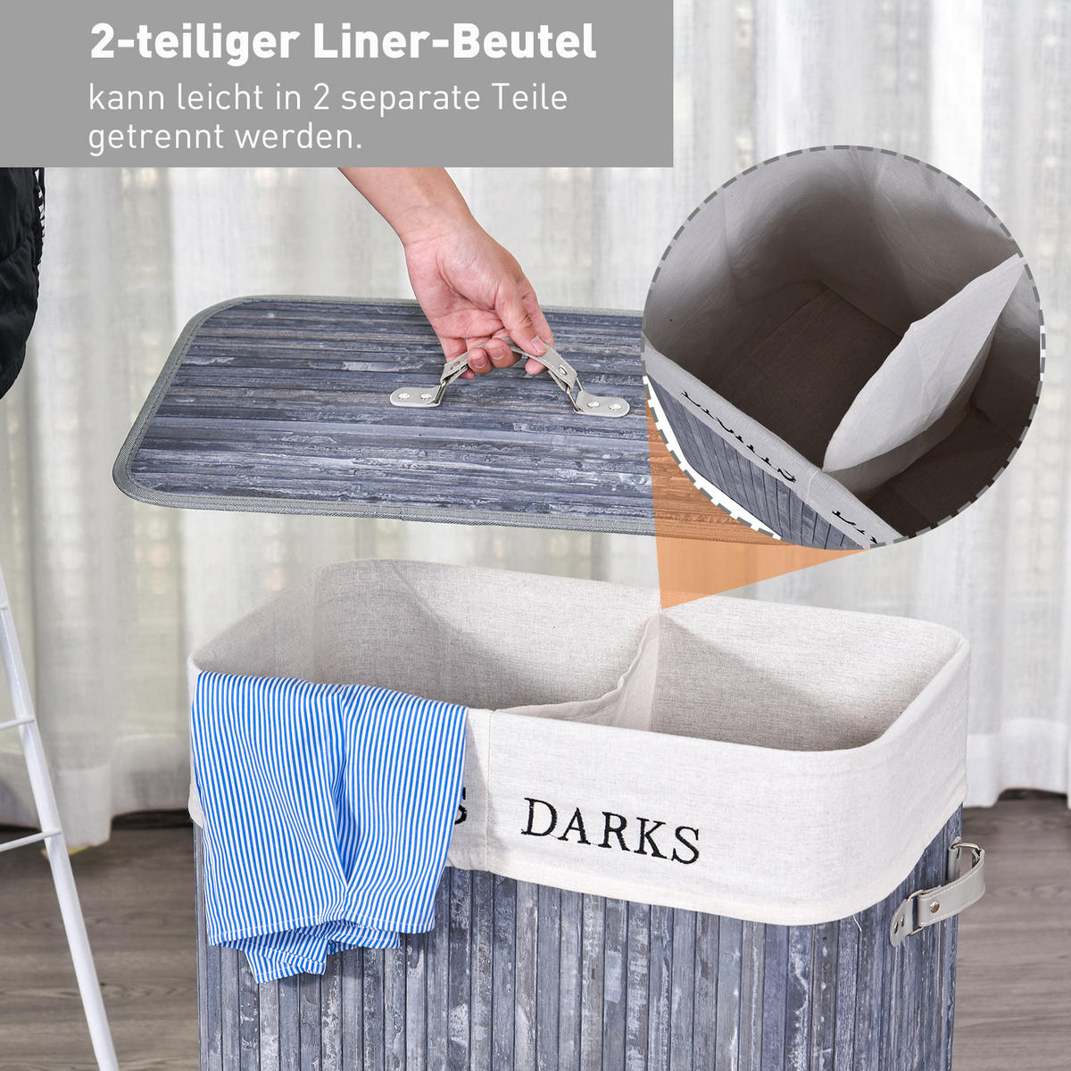 WÄSCHEKORB, Bambus, Segeltuch, PU, Grau - Grau, Naturmaterialien (32/63/52cm) - HOMCOM