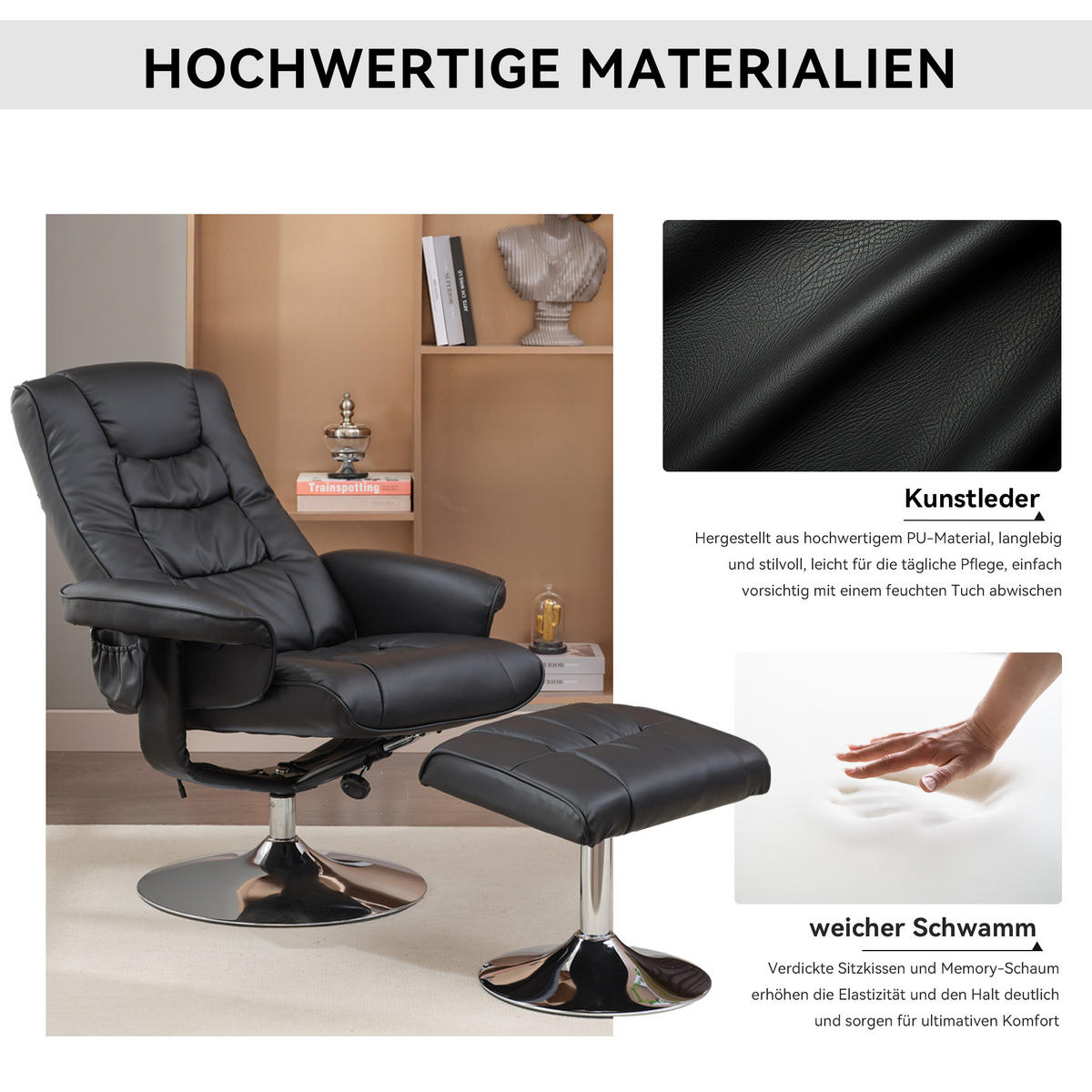 MASSAGESESSEL PU-Leder mit Heizfunktion und 5-Punkt-Massage 79/79/106 cm Schwarz - Schwarz, Kunststoff (79/106/79cm) - Redom