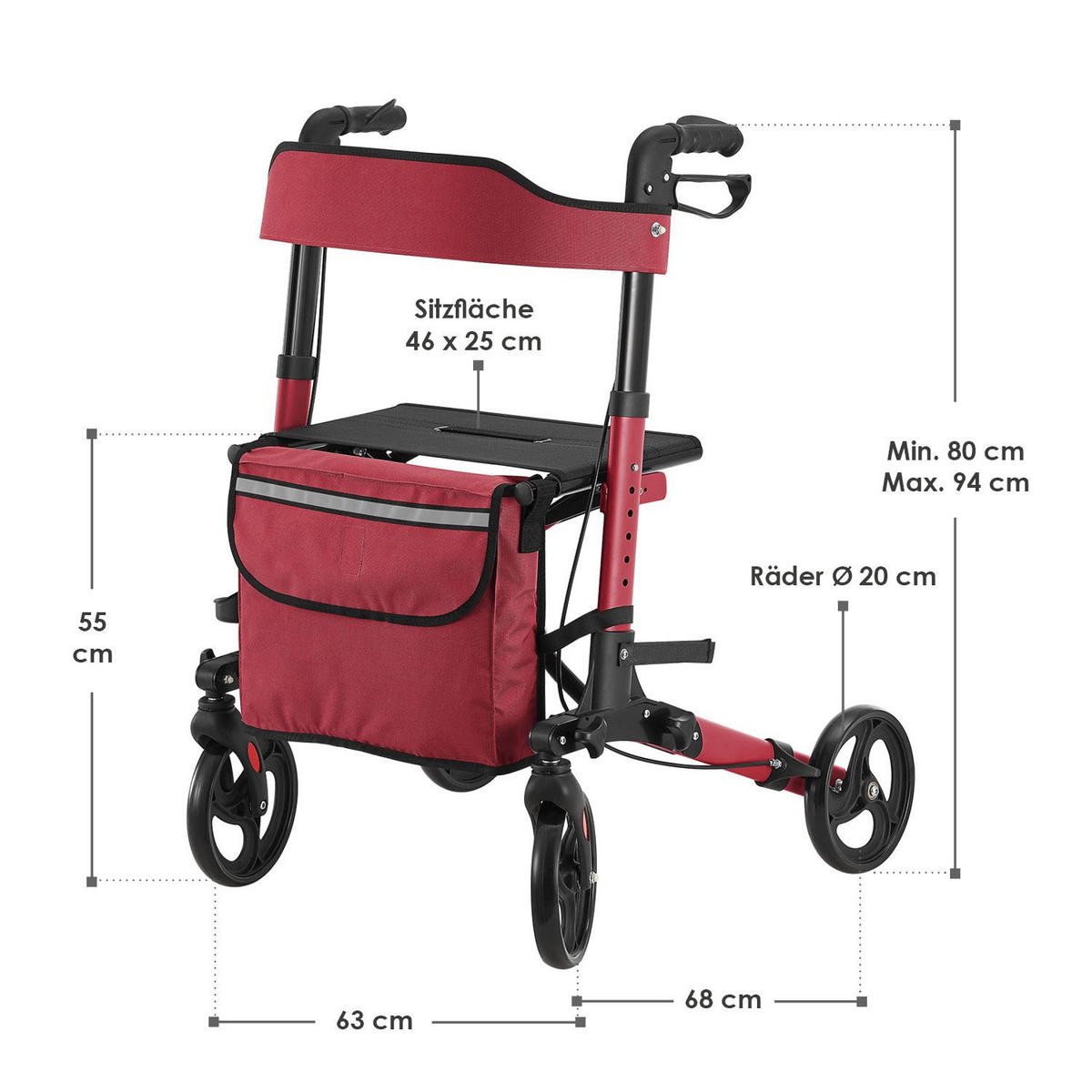 ROLLATOR Vital rot klappbar mit Sitzfläche & Einkaufstasche - Rot, Metall (63/80/68cm) - Juskys