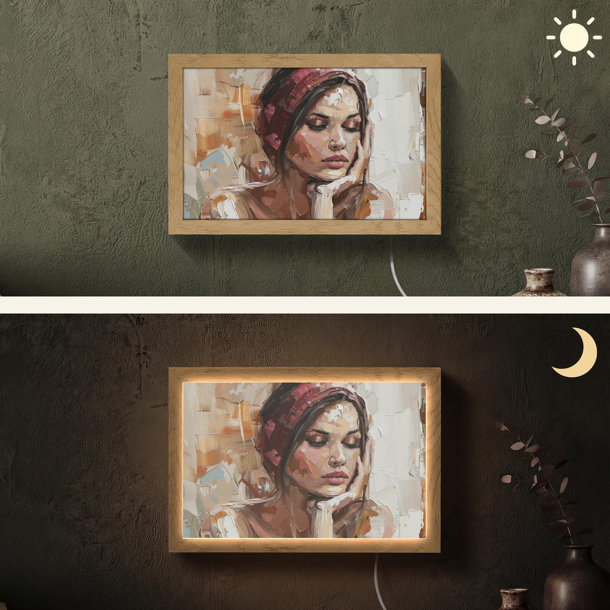 NÁSTĚNNÁ LAMPA Žena - vzhled malby - portrét - moderní 30x20 cm - hnědá, kompozitní dřevo (30/20/8cm) - OnlyWow