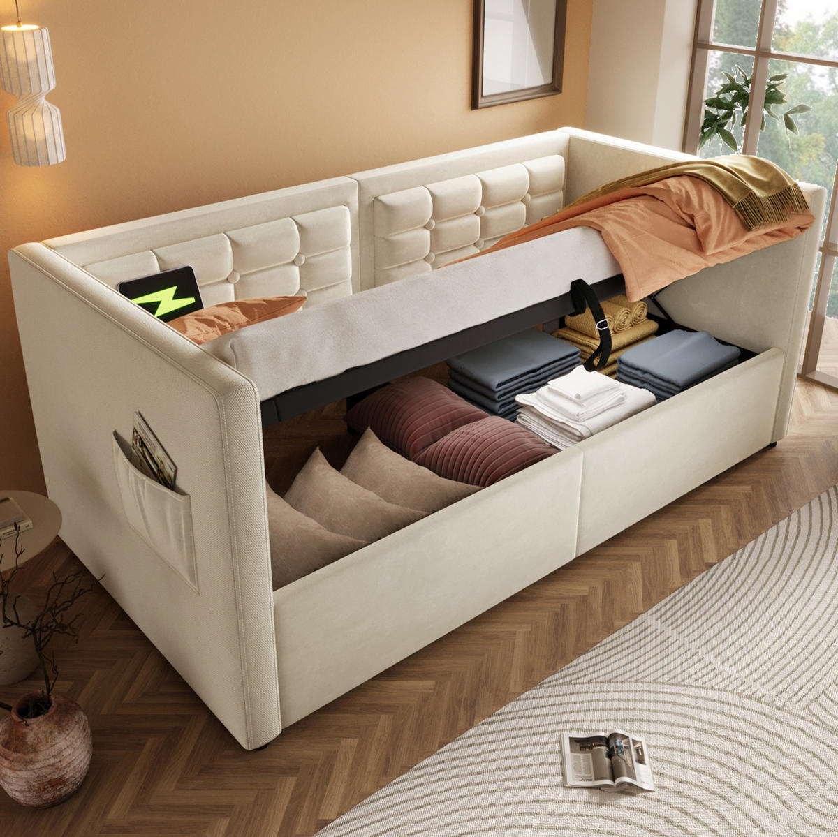 POLSTERBETT aus Samt 90x200 cm in Beige mit USB-C Ladestation & Stauraum - Beige, Textil (90/200cm) - Modfu