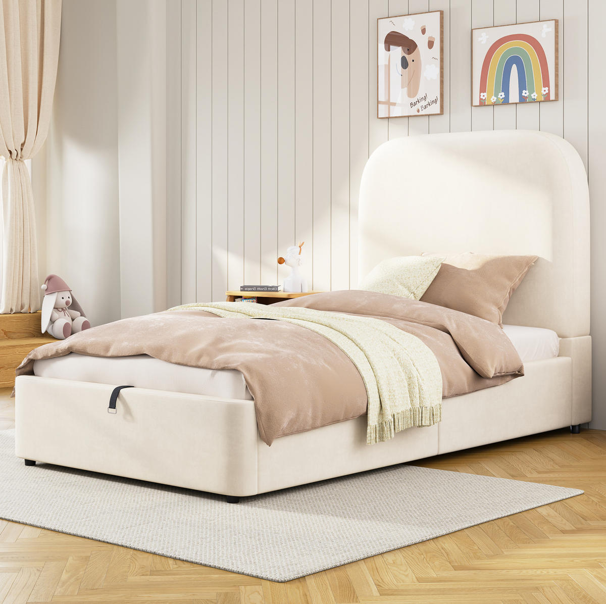 KINDERBETT 90/200 cm mit hydraulischem Bettkasten, Lattenrost und gepolstertem Kopfteil aus Samt, Beige - Beige, Textil (90/200cm) - Redom