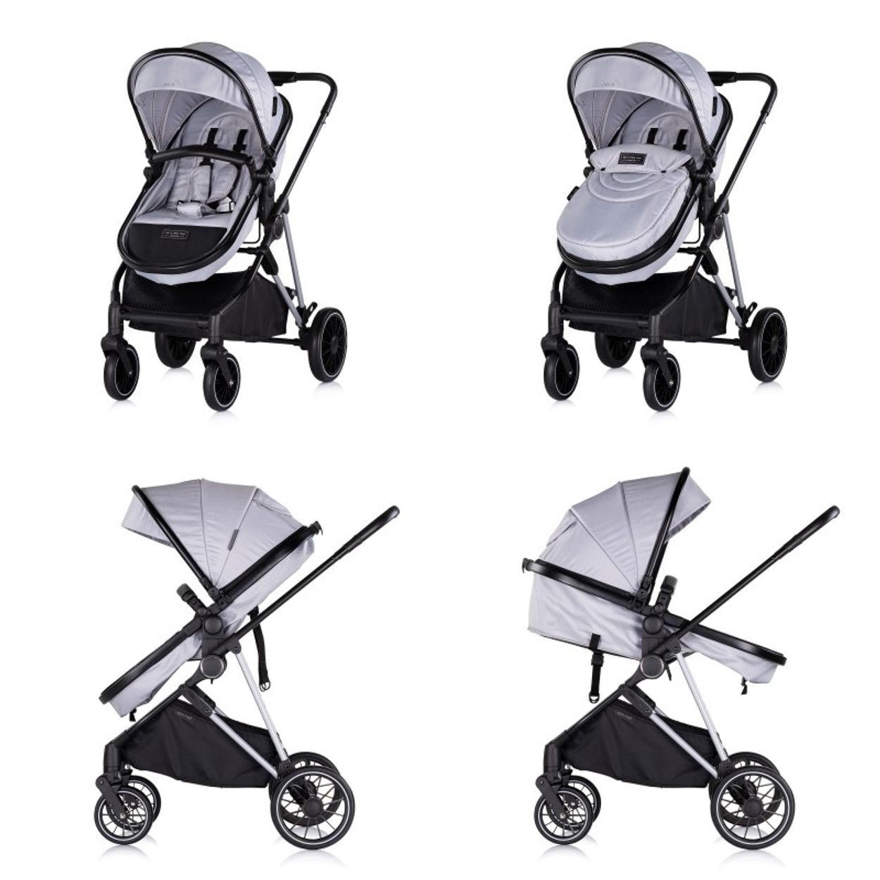 KOMBIKINDERWAGEN Aura 3 in 1 grau gemustert Autositz, Babywanne, Wickeltasche, bis 22 kg - Grau, Metall (98/60/106cm) - Chipolino
