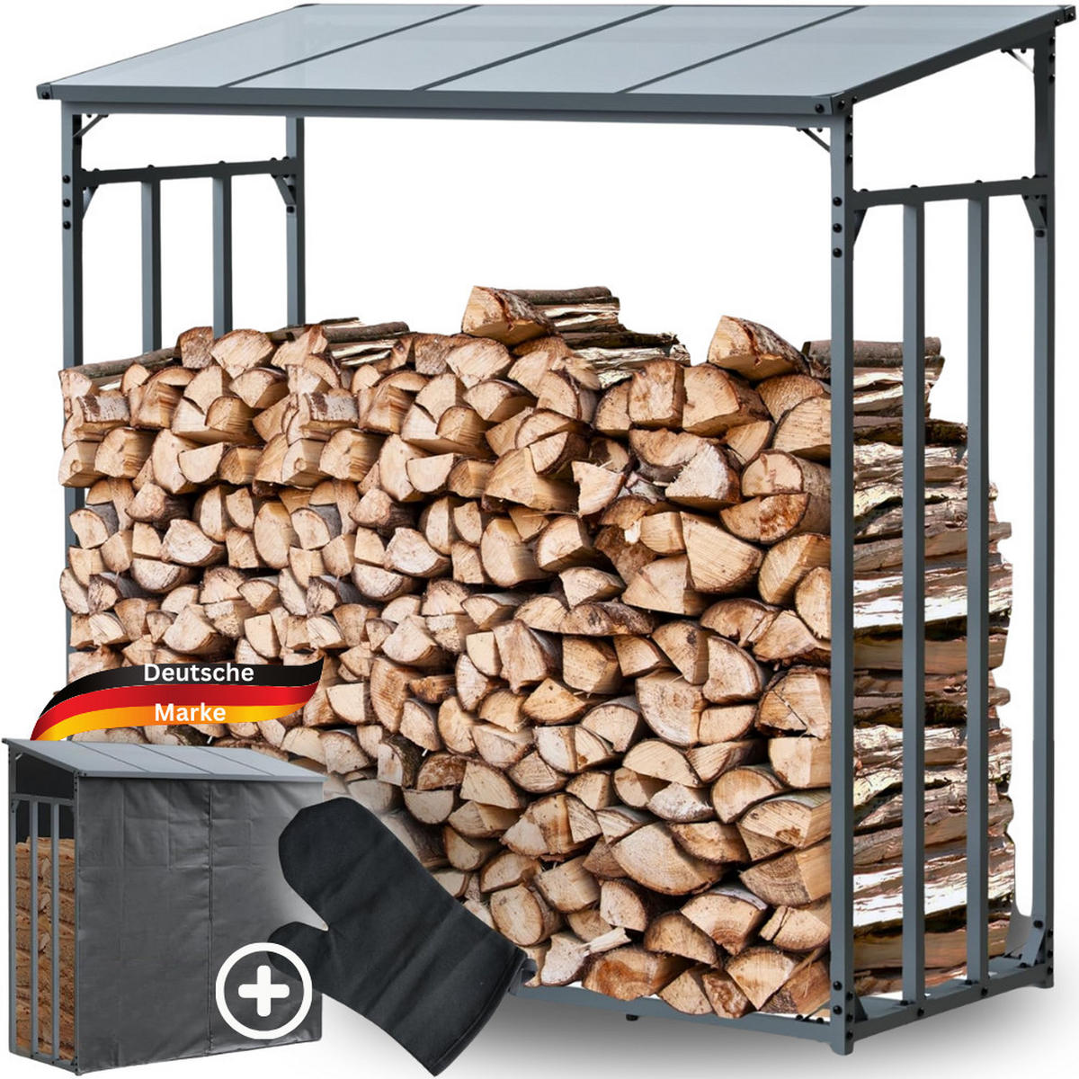 KAMINHOLZREGAL Außen mit Dach ELOS 182x70x185 cminkl. Ofenhandschuh - Anthrazit, Metall (182/185/70cm) - DELUKE