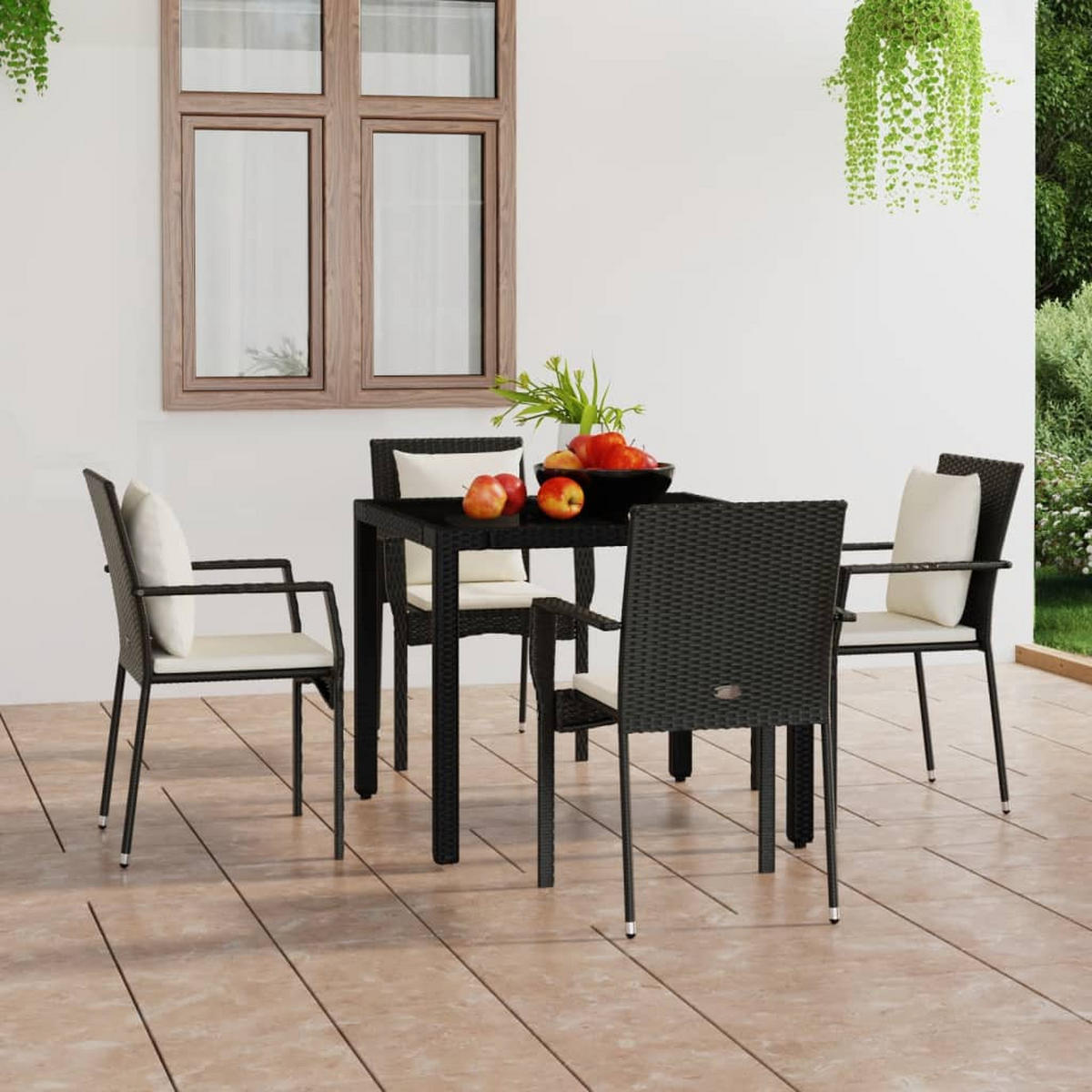 GARTENSTÜHLE mit Kissen 4 Stk. Poly Rattan Schwarz - Schwarz/Weiß, Holz (59/88/53.5cm) - furnicato
