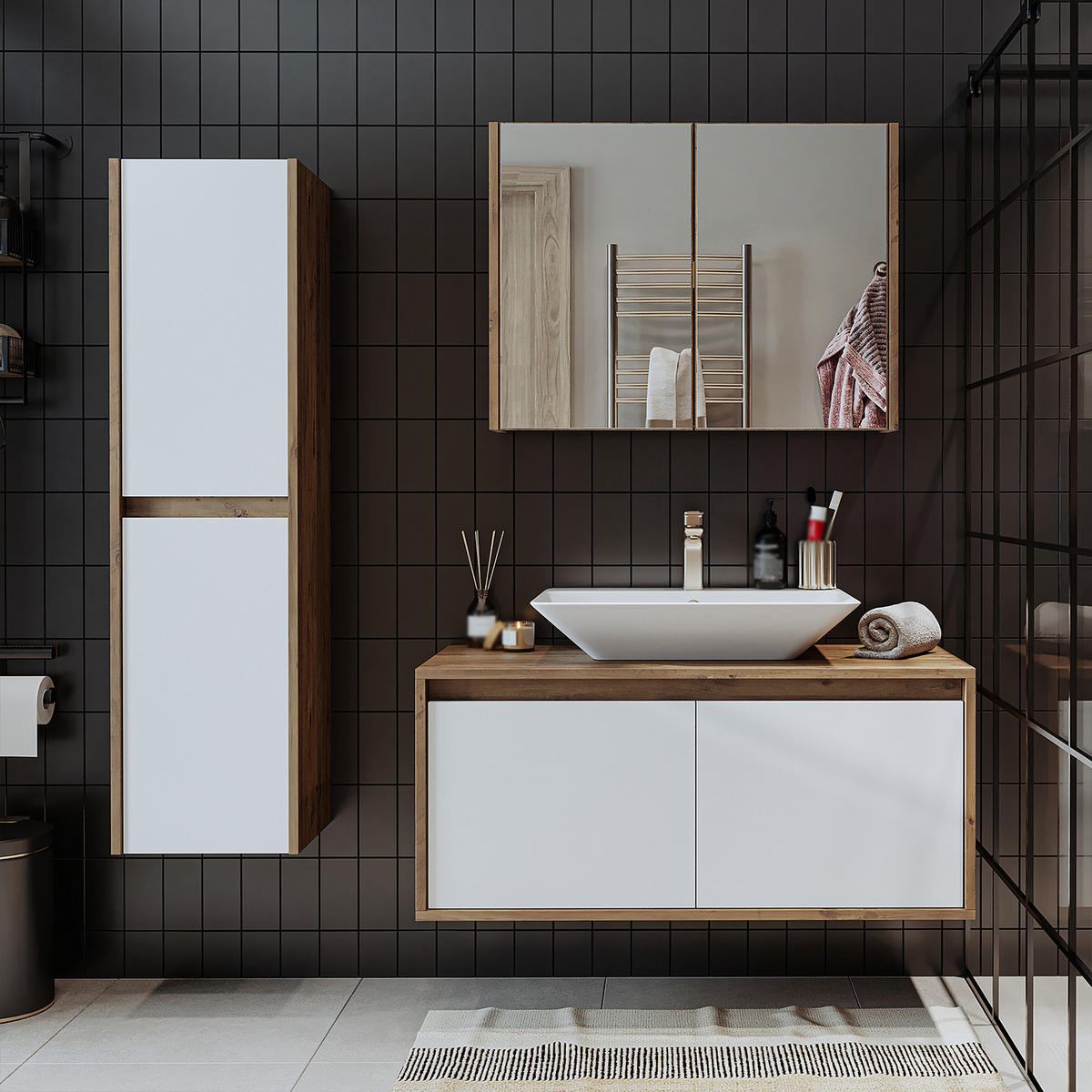 BADMÖBEL Set ATLANTIC-100 4-teilig - Eiche Bianco, Holzwerkstoff (100/150/45cm) - Roomart