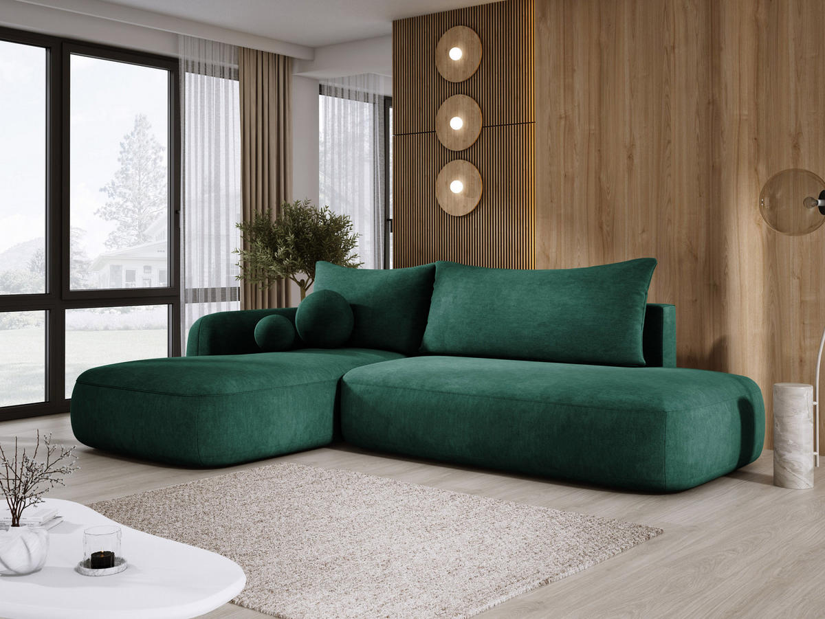 ECKSOFA BABU Mit Bettfunktion – Moderne Polsterecke Für Wohnzimmer Funktionales Schlafsofa Im Stoff CLOUD, 300x105x60cm, Linke, Grün - Jadegrün, Holz/Textil (190/300cm) - DomoHome