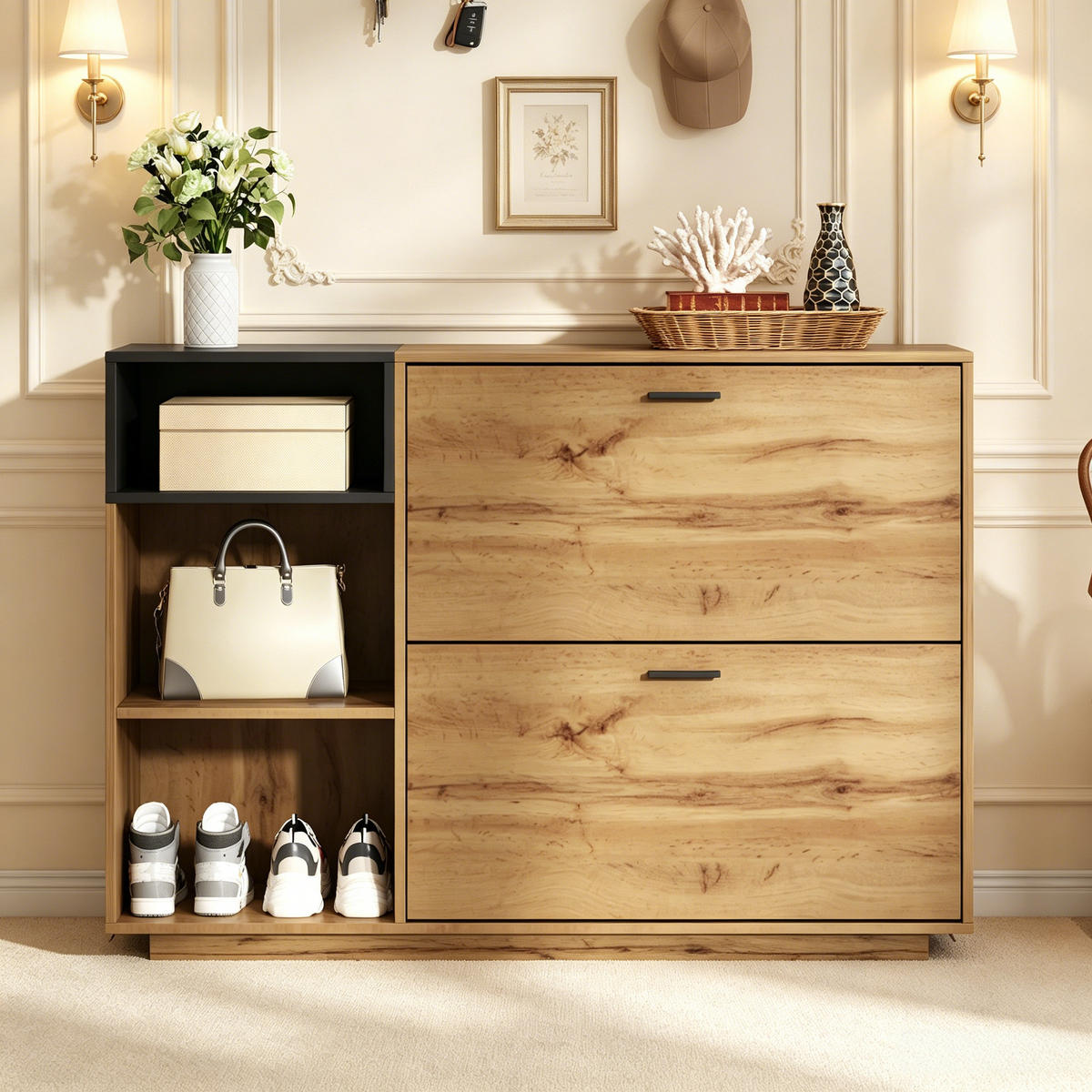 SCHUHSCHRANK MDF 3 offene Fächer 2 Klappfächer Weiß Schwarz - Naturfarben, Holzwerkstoff (120/84.5/32cm) - FLIEKS