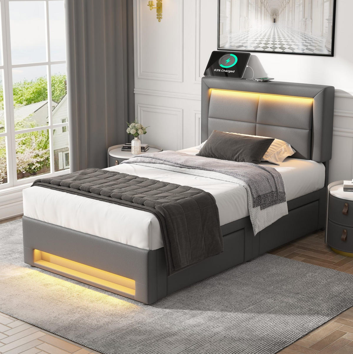 POLSTERBETT mit USB, LED und 4 Schubladen 90x190 cm PU Grau - Grau, Metall (90/190cm) - Meubliv