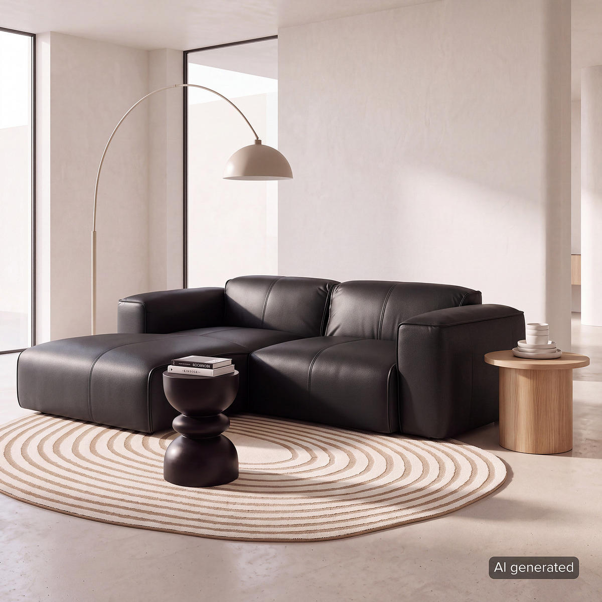 ECKSOFA mit XL-Longchair - Schwarz, Leder/Kunststoff (260/171cm) - home24