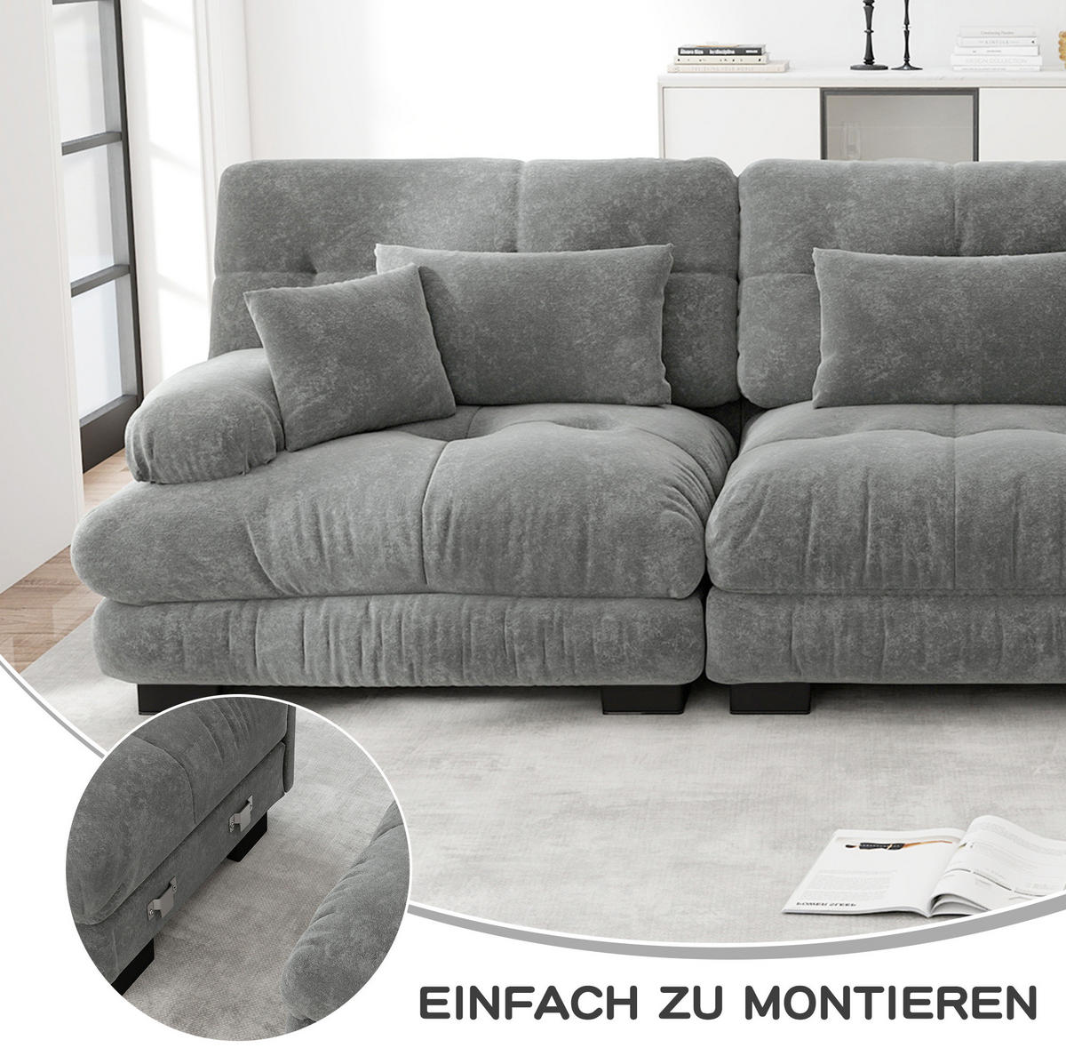 ECKSOFA 220/145/81 cm in Grau aus Chenille mit Ottomans und Cloud-Komfort - Grau, Textil (145/220cm) - Flora Grace