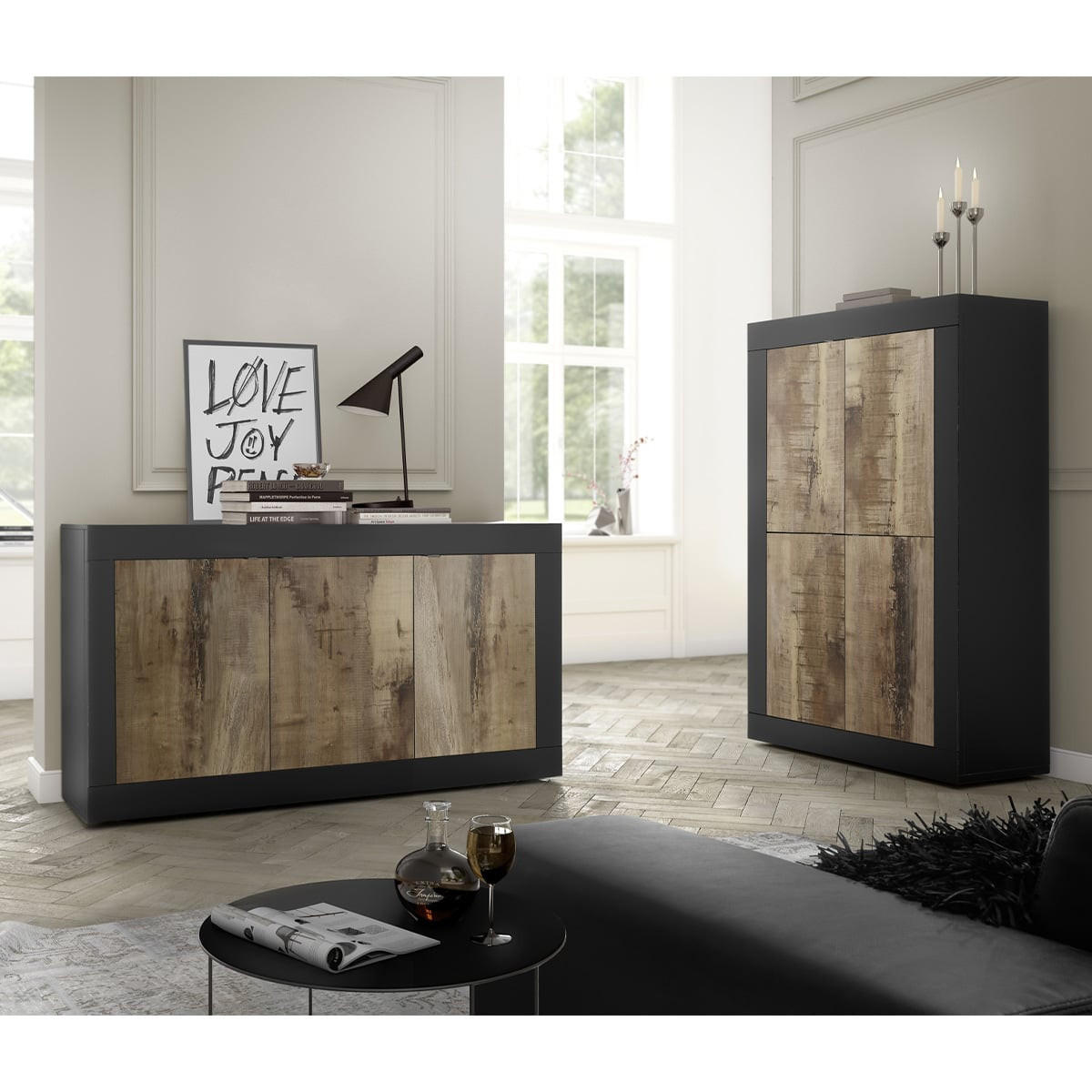 SIDEBOARD 3 Türen Initial - L160 cm - Hellbraun/Schwarz, Holzwerkstoff (42/85.8/160cm) - Calicosy