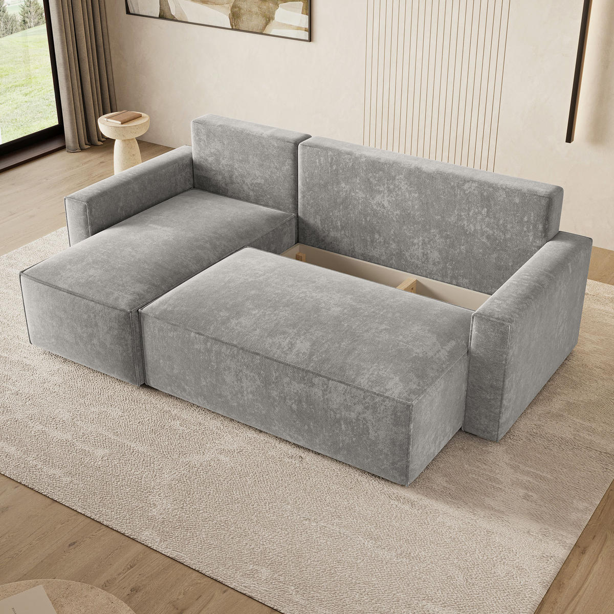 ECKSOFA POTARO LM Hellgrau Chenille mit Schlaffunktion - Hellgrau, Holzwerkstoff/Textil (232/140cm) - MASSENO