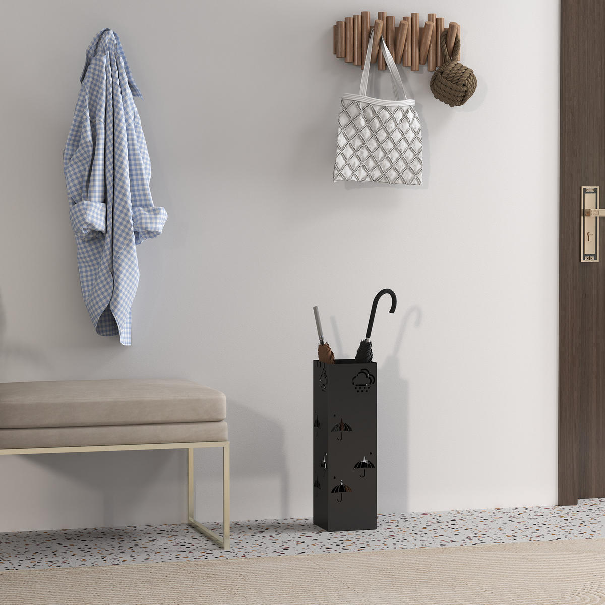 SCHIRMSTÄNDER mit 4 Haken, Stahl 15,5 x 15,5 x 49 cm Schwarz - Schwarz, Metall (15.5/49/15.5cm) - HOMCOM