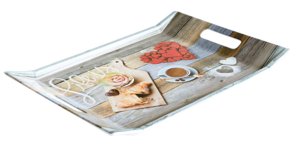 TABLETT Frühstück, rechteckige Serviertablett mit Griff 38x27 cm - Grau, Kunststoff (27/3/38cm) - Lashuma