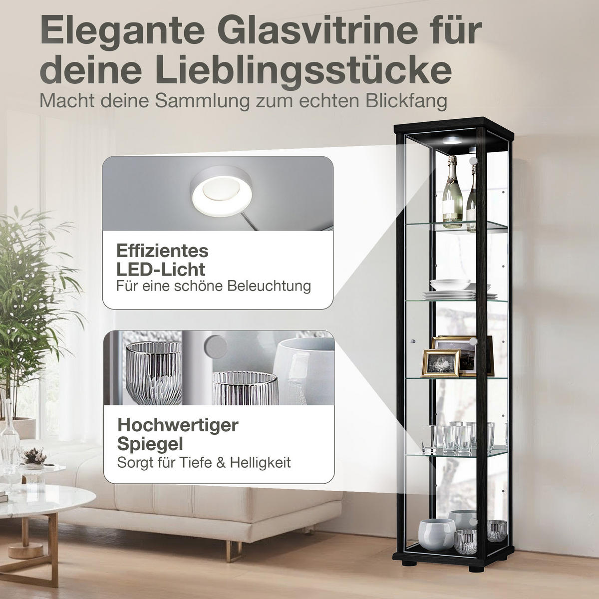 GLASVITRINE 33/37/176 cm mit Spiegel, LED & 4 höhenverstellbaren Glasböden - Transparent/Silberfarben, Glas/Holzwerkstoff (37/176/33cm) - K-Möbel