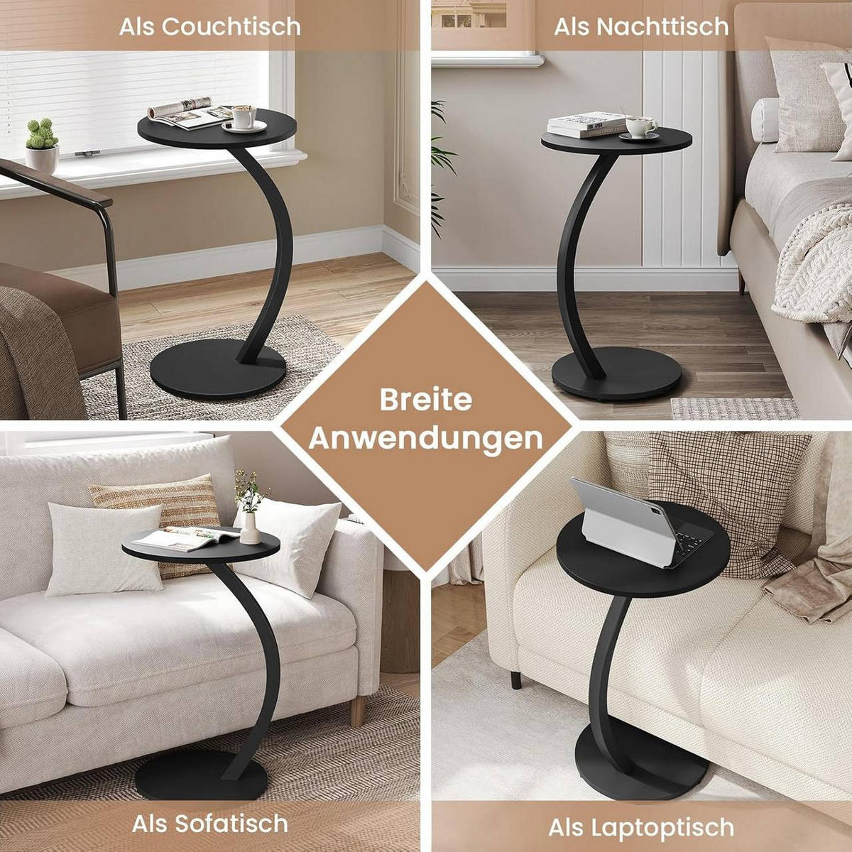 BEISTELLTISCH C Form, φ40xH65 cm, Schwarz - Schwarz, Holzwerkstoff/Metall (40/40/65cm) - Woltu