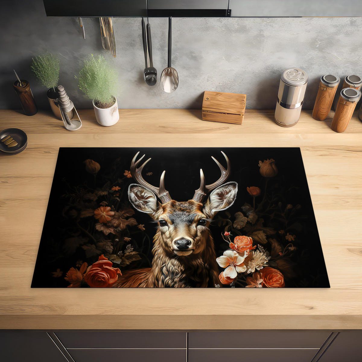 HERABDECKPLATTE - Hirsch - Tier - Blumen - Natur - Botanisch - 74x48 - Kupferfarben, Kunststoff (74/48/0.2cm) - MuchoWow